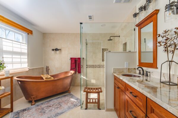 New double vanity and walk-in shower installed in updated Issaquah bathroom